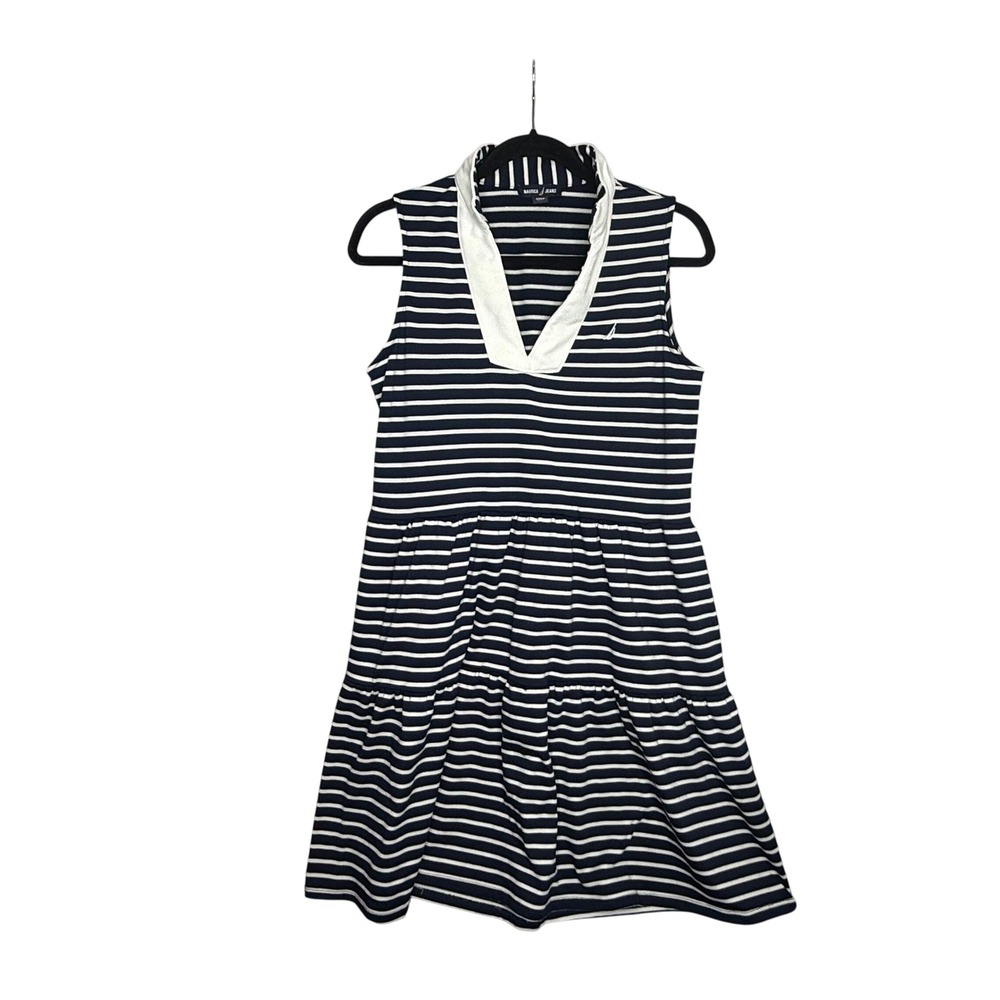 Nautica Jeans Striped Sleeveless Dress White Collar Tiered Women's Small Preppy